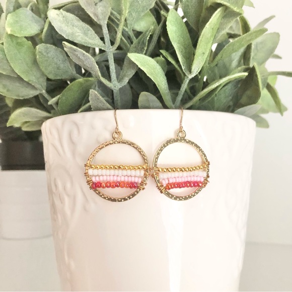New Hand Beaded Wrapped Wire Dangle Hoop Earrings Striped Pastel Pink Unique - Picture 5 of 6